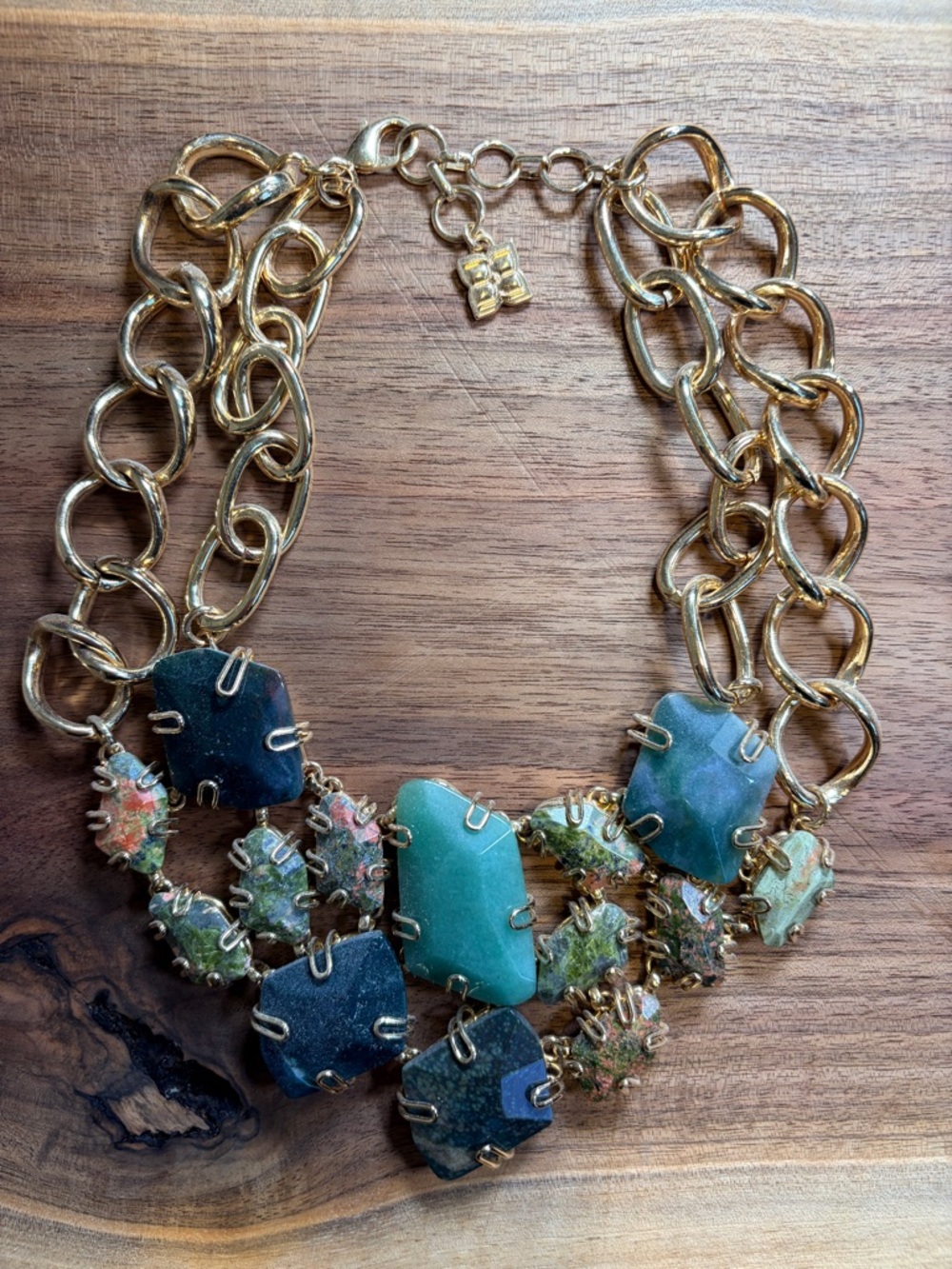 Source Unknown Gold Chain Necklace with Blue, Teal and Green Stones